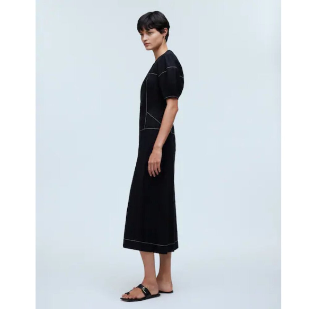 Madewell Black Puff-Sleeve Midi Dress with Contrast Stitching - Picture 3 of 9